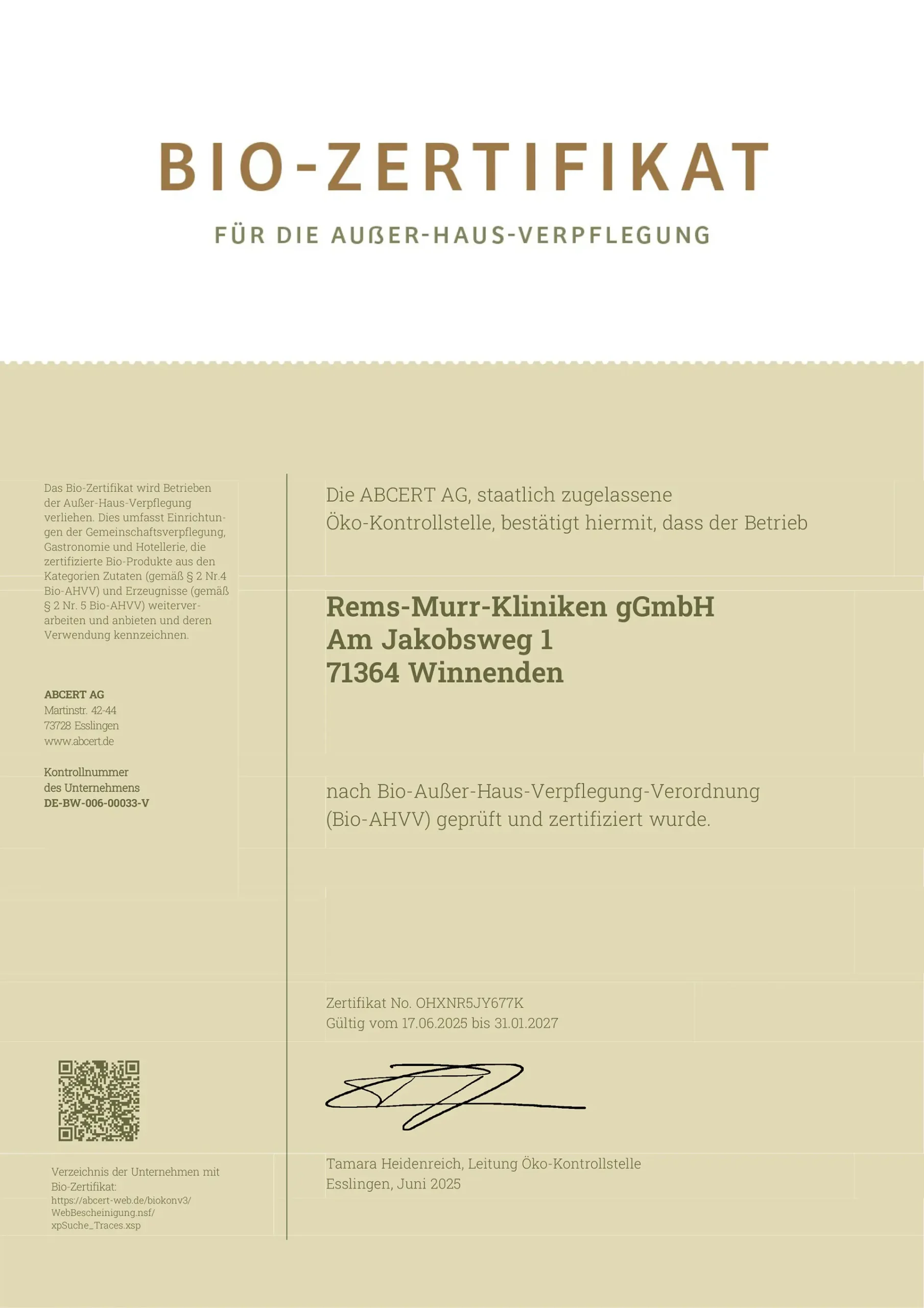 Bio-Zertifikat 2025 für die Außer-Haus-Verpflegung der Rems-Murr-Kliniken