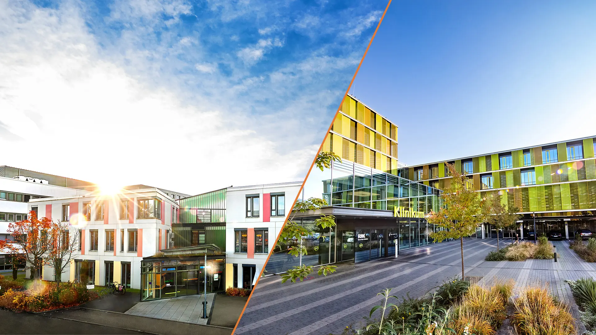 Headerbild als Collage: Die beiden Standorte Winnenden und Schorndorf im Sonnenaufgang - Rems-Murr-Kliniken